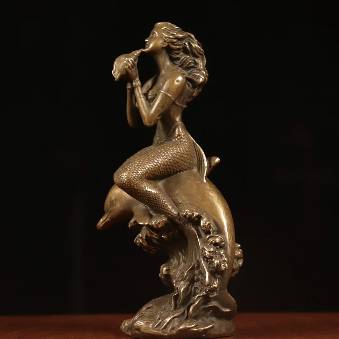 Chinese Brass Beauty Dolphin Conch Girl Statue Collection Decoration