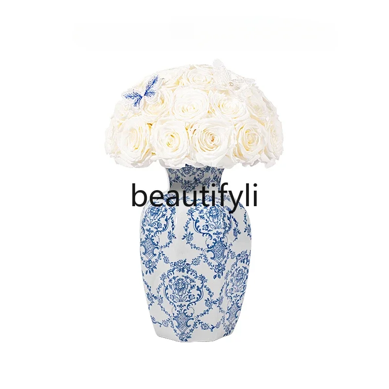 

Eternal rose vase blue and white porcelain home light luxury Chinese ornament