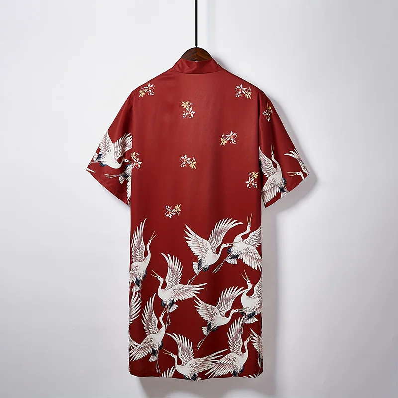 European and American Retro Loose Plus-Size Crane Print Vacation Beach Cover-Up Sun Protection Clothing Summer Mid-Length Slit Bathrobe Sexy Nightgown Cardigan Thin Jacket