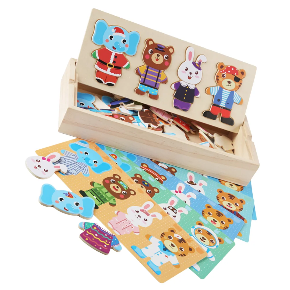 Toys for Girls Animal Dress up Wooden Cartoon Puzzle Decoration Simple Kids Gift Toddler Baby