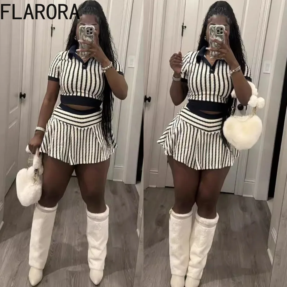 

FLARORA Fashion Stripe Mini Skirts Two Piece Sets Woman Turndown Collar Short Sleeve Crop Tops And Pleated Skirt Suits 2024 New