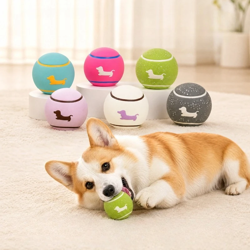 Dog Chew Toy Pet Squeaky Ball Toy Teeth Care Cartoon Rubber Latex Tennis Interactive Trainning Puppy Pet Dog Supplies
