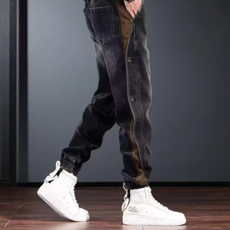 

Мужские лоскутные джинсы в стиле Харадзюку, повседневные свободные брюки со средней талией, мужские уличные джинсовые брюки, мужские винтажные повседневные шаровары