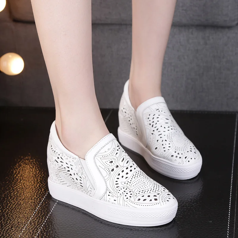 fujin full cow genuine leather 7.5cm women summer shoes wedge sneakers platform high heel hollow breathable slipon sneakers pump