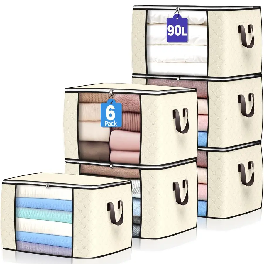 

Большие сумки для хранения, набор из 6 штук, складные контейнеры для одежды, органайзеры для шкафа с усиленными ручками для текстиля