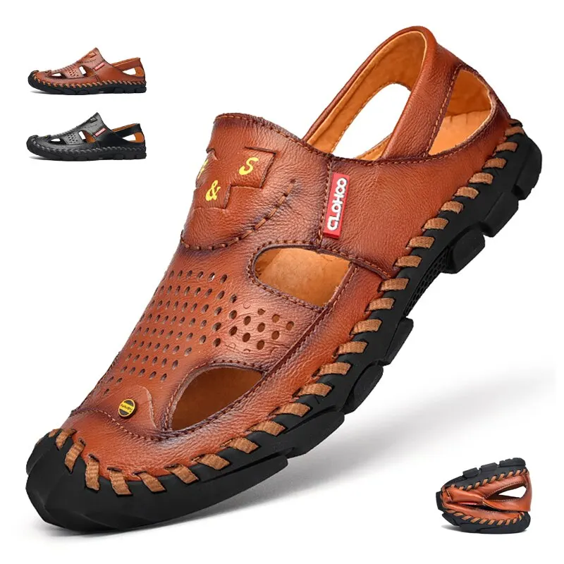 Men Genuine Leather Shoes Men\'s Sandals Durable Handmade Stitching Close Toe Non Slip Shoes For Indoor Outdoor Beach Casual
