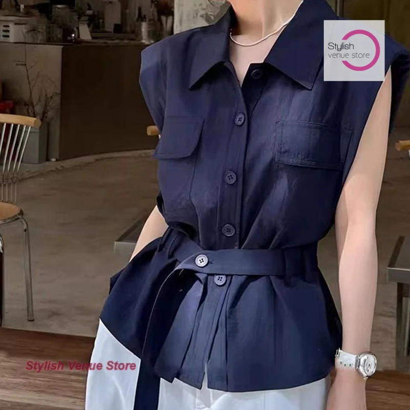 

French solid color temperament Polo collar sleeveless shirt women's summer new fashion high-end waist strap design casual top
