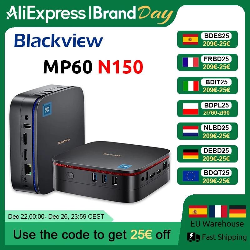 Blackview nouveau MP60 N150 Mini PC Windows 11 PC 16GB 512GB SSD prise en charge 4K UHD affichage Double HDMI double bande WIFI Intel UHD graphique