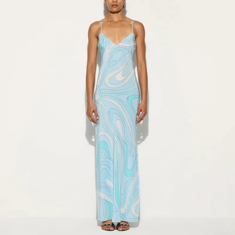 Boho sexy scollo a V spacco laterale abiti lunghi donna modello primaverile stampa abito da sera sottile abito estivo con spalline in raso senza schienale