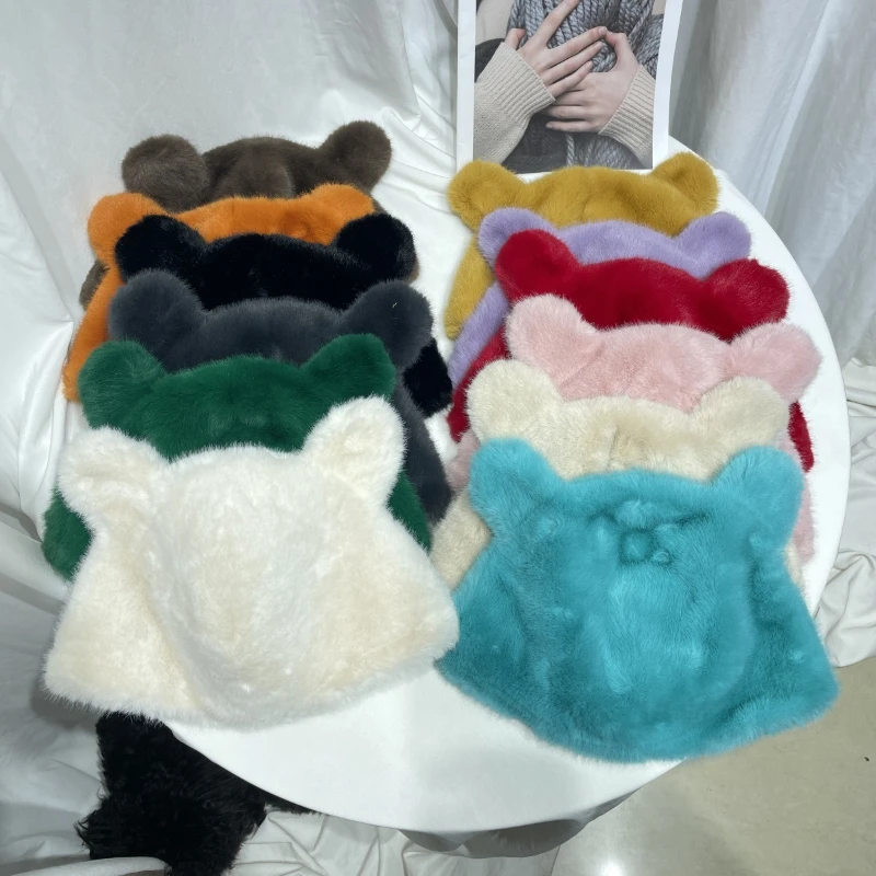 

New Korean Cute Cartoon Bear Ears Plush Skull Hat Women Winter Solid Color Sweet Warm Imitation Mink Dome Beanie Cap Bonnet