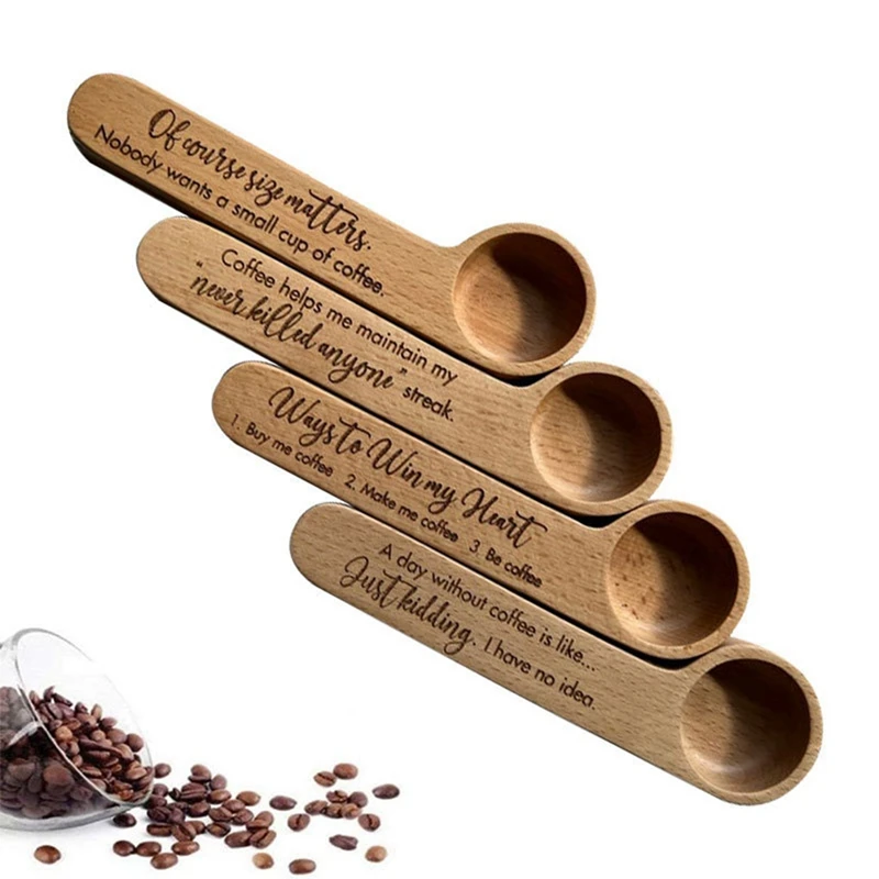 Coffee Measuring Scoop 2-In-1 Wood Engraved Coffee Scoop And Bag Clip Kitchen Tools Coffee Spoon