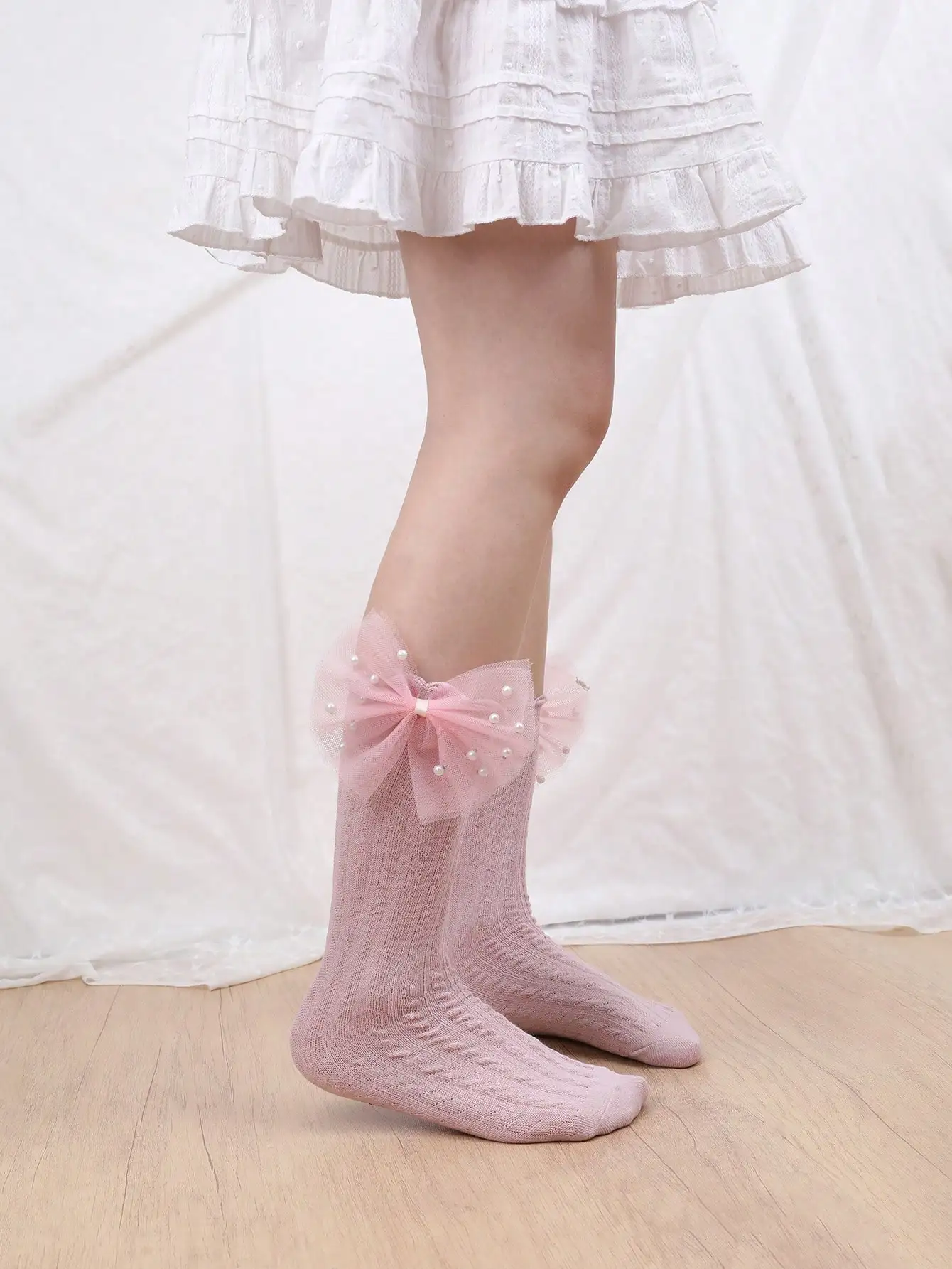 2Pairs Toddler Girls Knee High Socks 3-8Y Pearl Bow Decor Hollow Out Knit Cotton Socks Lolita JK Cosplay Daily Wear All Seasons