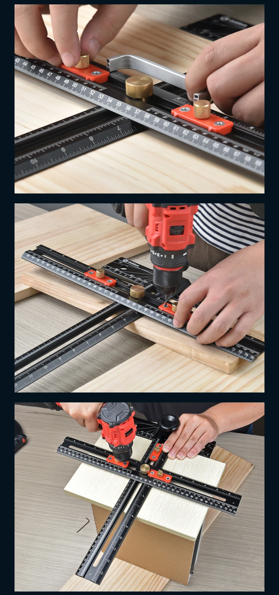 Holzbearbeitungs-T-Winkellineal mit automatischer Klemmung, Positionierlineal, Bohrlochmarkierungslehre, Winkellineal, T-förmiges Lineal für Schreiner – Detail 18