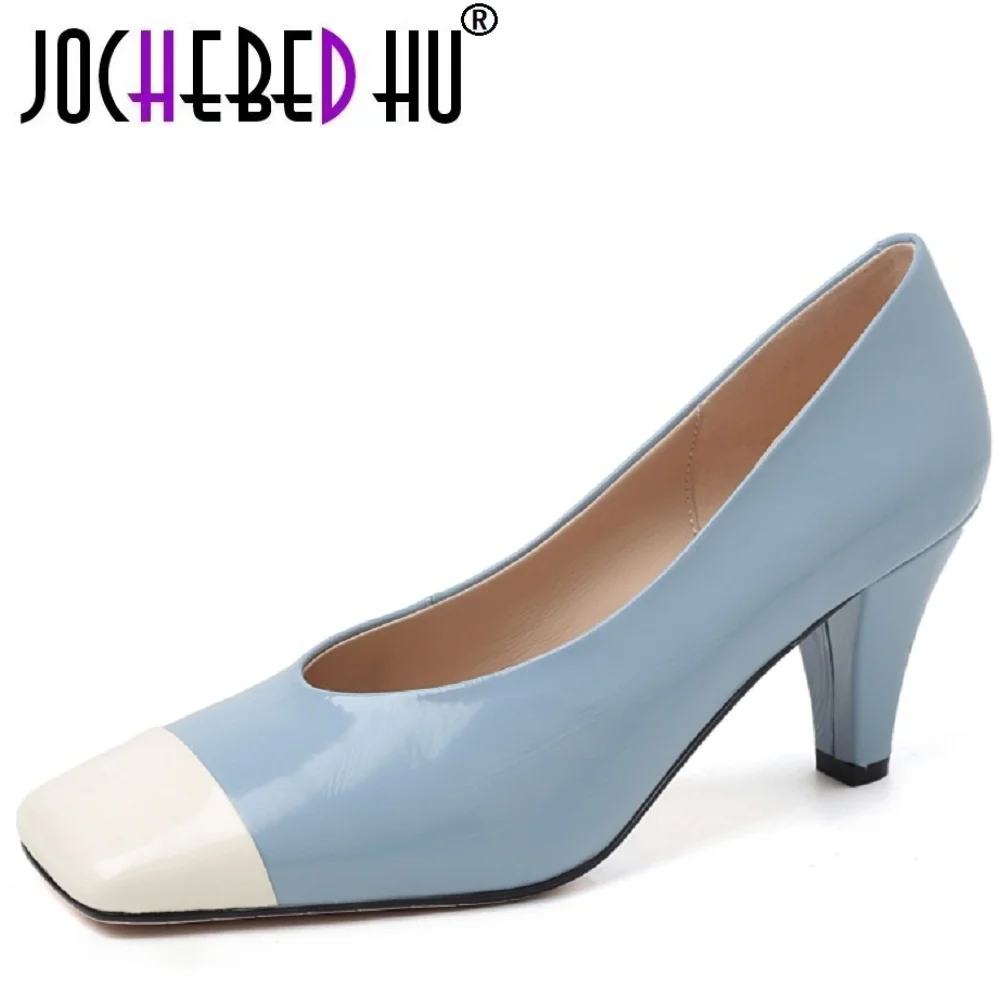 JOCHEBED HUWomen Handmade Genuine Leather Soft Comfortable Square Toe Sexy Pump Slip-On Mixed Color Shoe Sapato Feminino 34-40