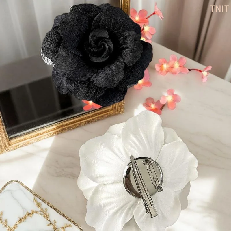 [J] Retro Black Velvet Camellia Brooch Mourning Brooch Women Shirt Tie Corsage Clothes Jewelry Clothing Accessories