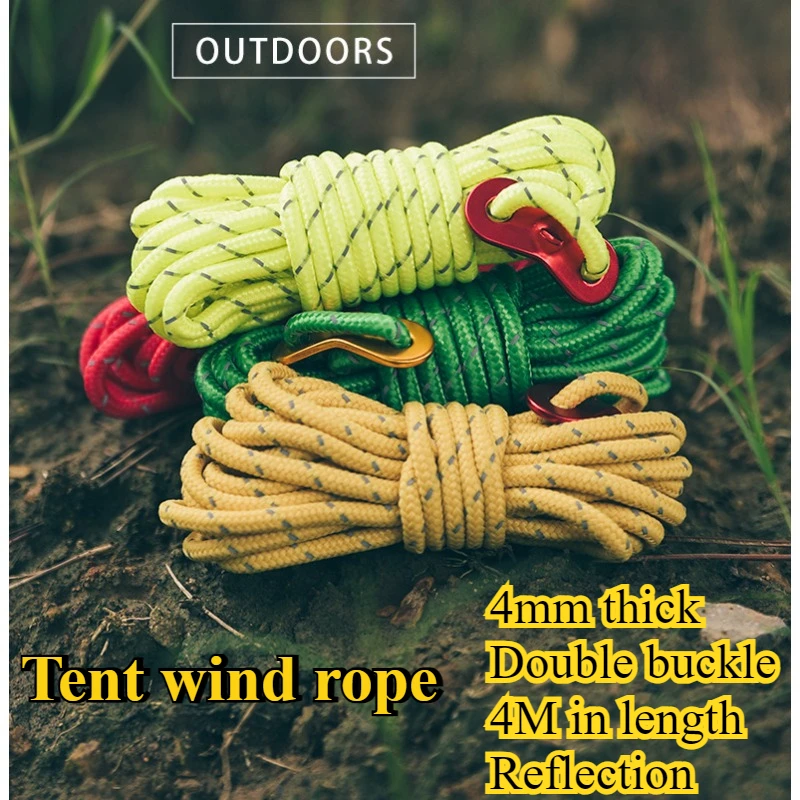 2pcs 4M tent wind rope Bold 4mm nylon Reflection Double hole buckle Outdoor camping windproof Not easily breakable Tension rope