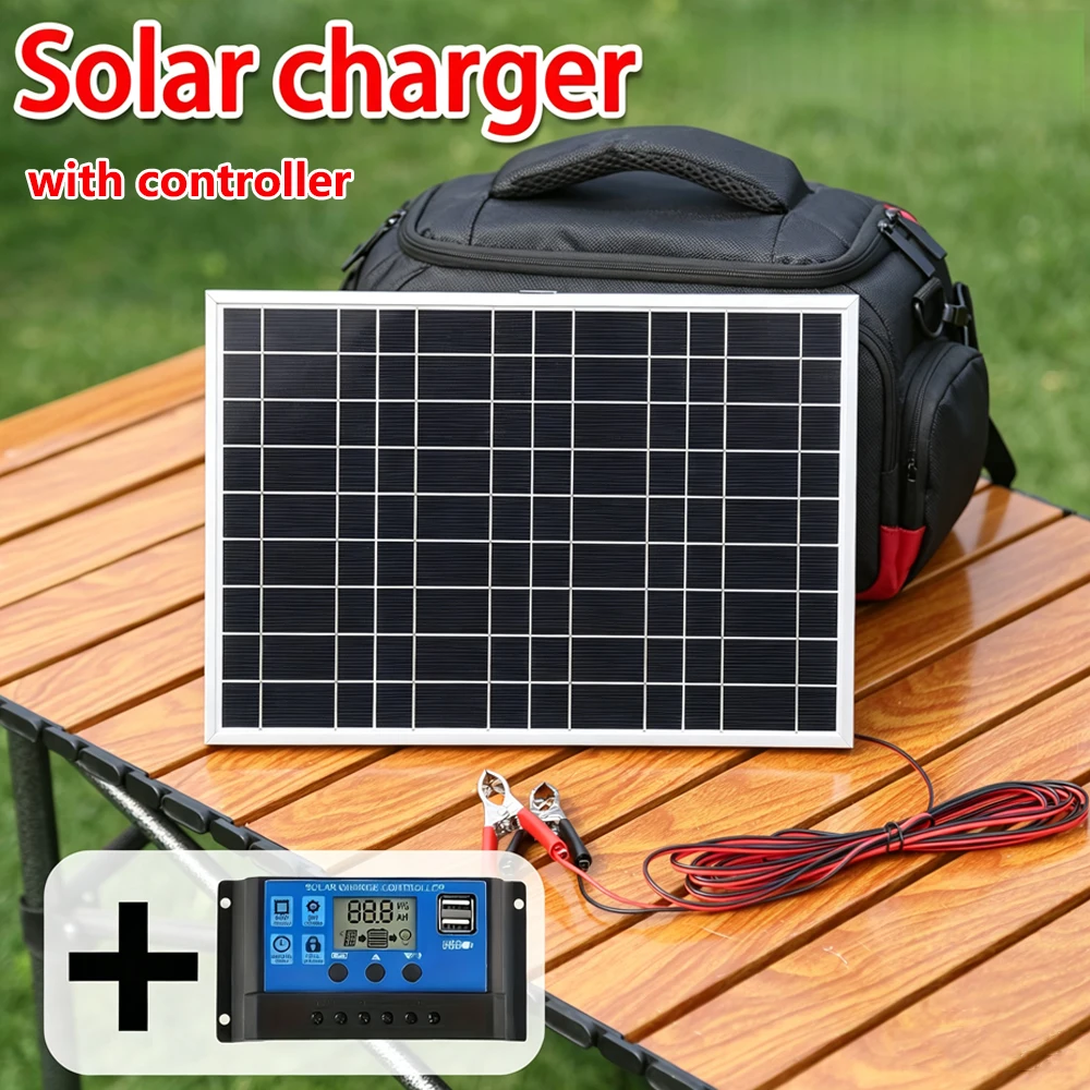 18V 10W Solar Panel Kit with 100A Controller, Portable Solar Charging and Intelligent Power Controller Kit for Outdoor Camping Travel RV Boat, 12V/24V Battery Regulator with LCD Display Dual USB Ports