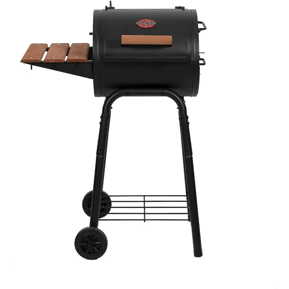 Charcoal Grill and Smoker with Cast Iron Grates, Premium Wood Shelf and Damper Control, 250 Cooking Square Inches in Black