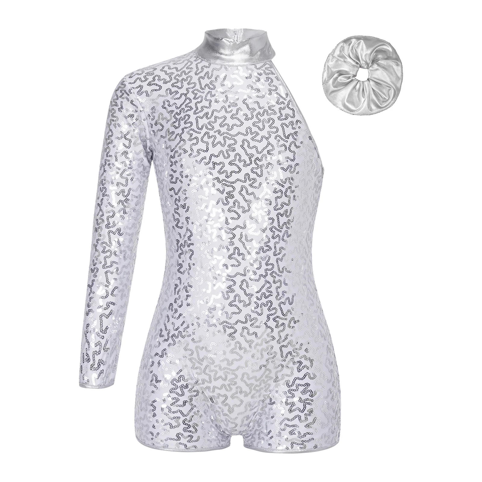 

Kids Girls Jazz Dance Jumpsuit One Shoulder Asymmetric Long Sleeve Shiny Sequins Leotard Bodysuit+Hair Band Ballet Dancewear