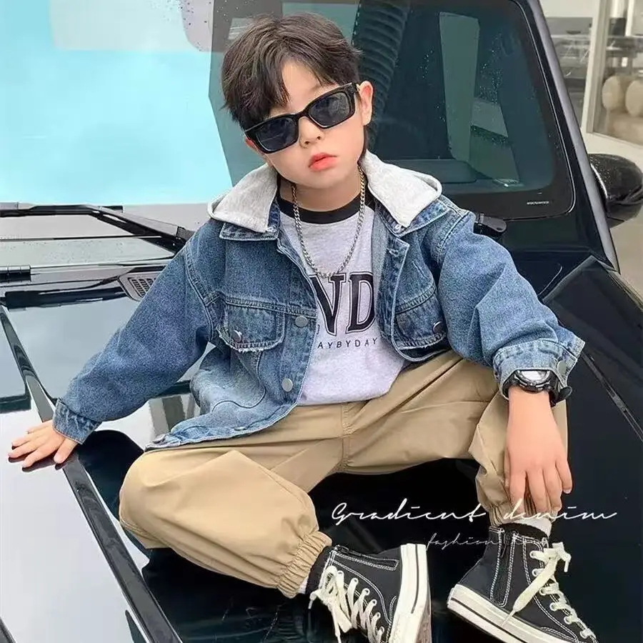 

Children's Hooded Denim Jacket Spring Autumn New Style Casual Removable Coat for Boys 110-150cm