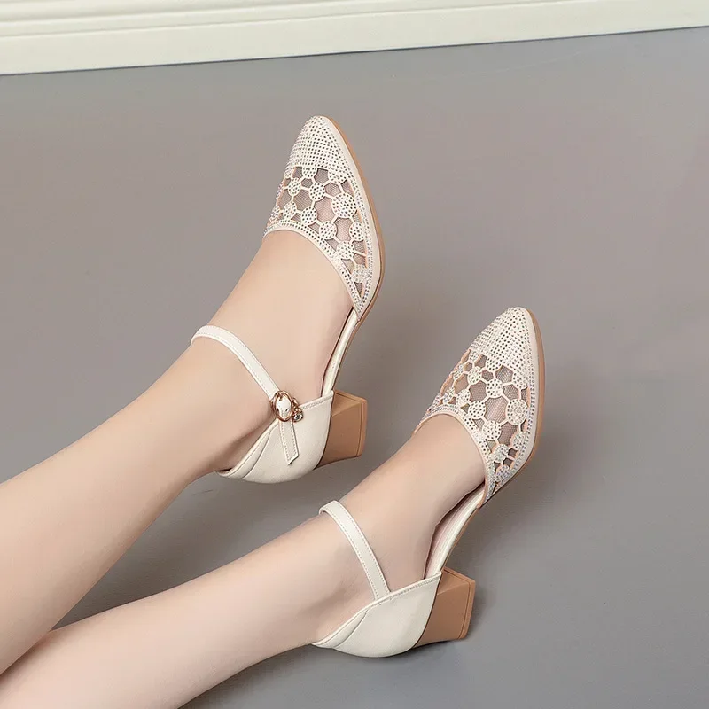 4.5cm Breathable Close Head Rhinestone Mesh Leather Shoes Summer 2026 Med Block Heels Sandals Women for Office Mom Dance