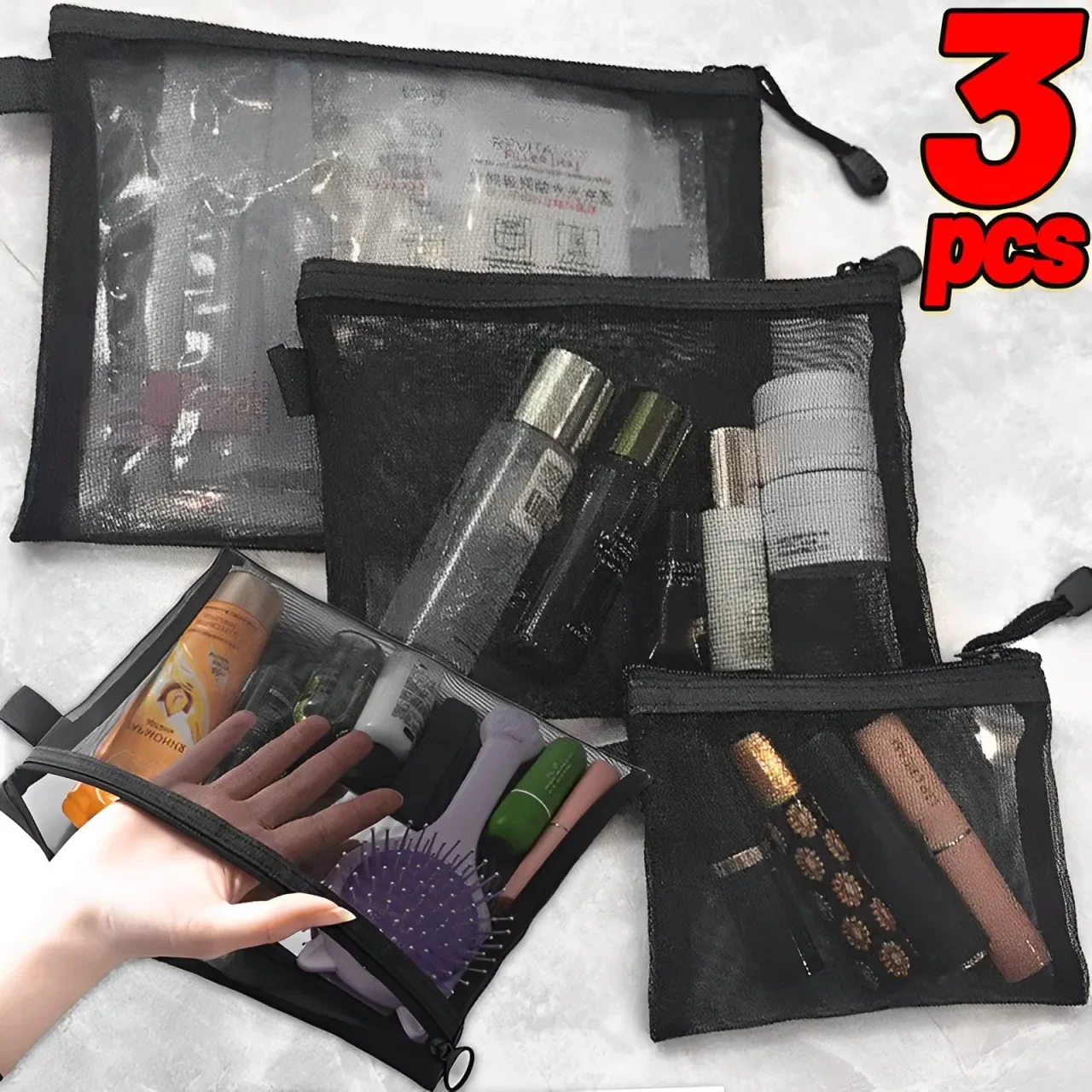 1/3pcs Black Mesh Cosmetic Bags Portable Travel Toiletry Organizer Lipstick Storage Pouch Handbag Holder Clear Makeup Bag S/M/L