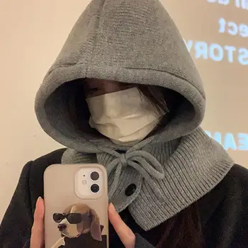 Korea 2024 Winter Hats And Scarf Set With Botton Scarf Balaclava Hat Warm Neck Set Women Knitted Wool Pullover Hat Gothic Y2k