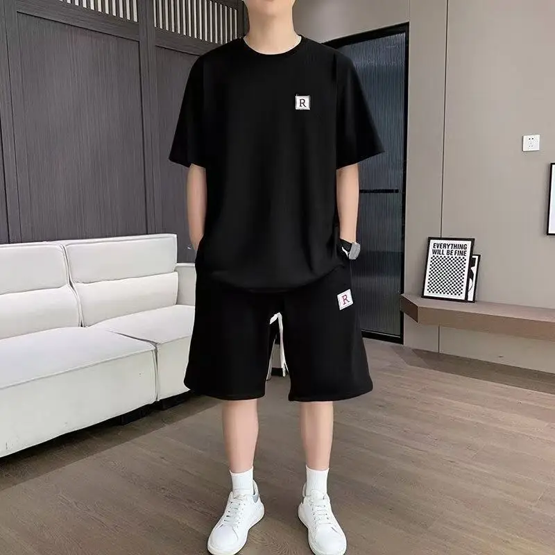 

Korean Style Men's Summer Sport Casual Set Trendy Fashion Loose Breathable Short Sleeve T Shirt Matching