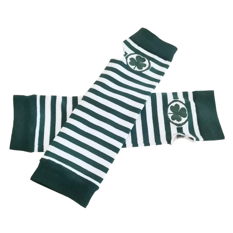 Patricks Day Thigh High Socks Pantyhose Arm Warmers Gloves White Green Stripe Shamrock Clover Print Irish Party Costume