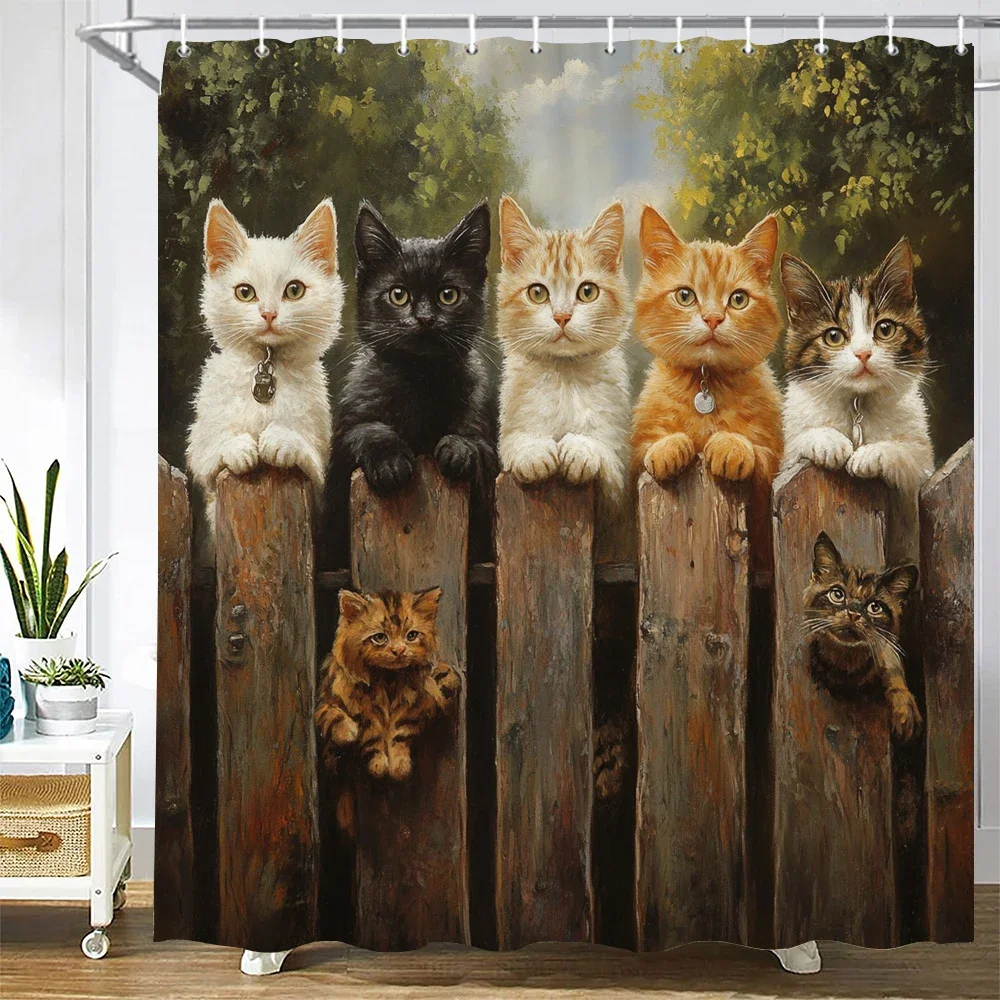 

Lovely Cat and Dog Animal Shower Curtain Country Scenery Cats and Dogs Printing Bathroom Curtain With Hooks Home Decor Curtain