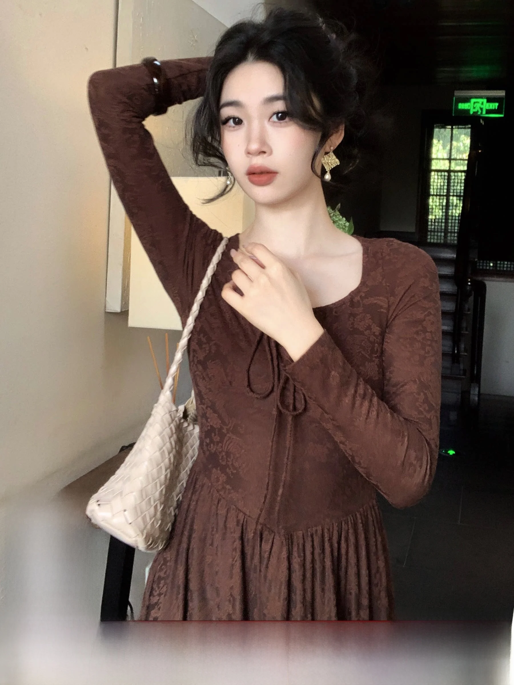 

Ретро-платье SYT с длинным рукавом, U-образным вырезом, завязками на талии, А-силуэта, макси-юбка, женская модная одежда для весны, осени и зимы