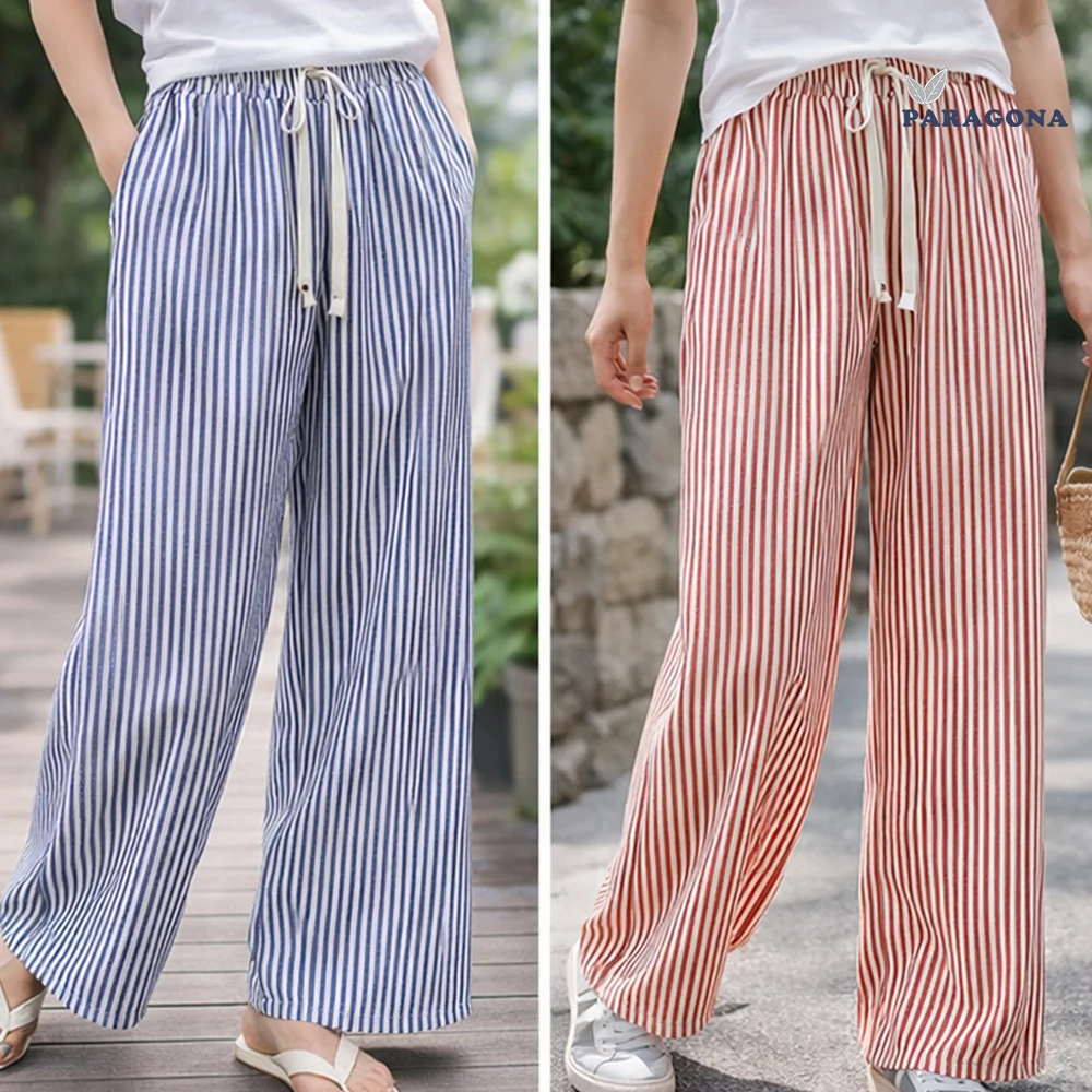 [Paragona] Women's Long Pants Spring Summer Daily Wide Pants Striped Elastic Waist Pants 7 Colors