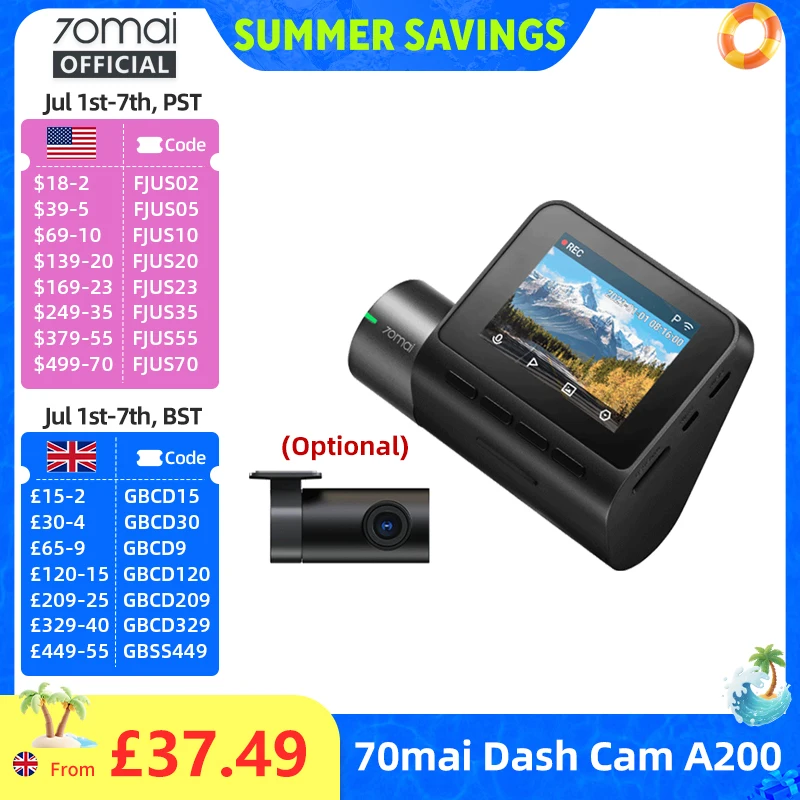 70mai Dash Cam A200 2\'\' LCD Screen 70mai A200 Car DVR1080P Auto Recorder 24H Parking Support 130° FOV Dual-channel Record