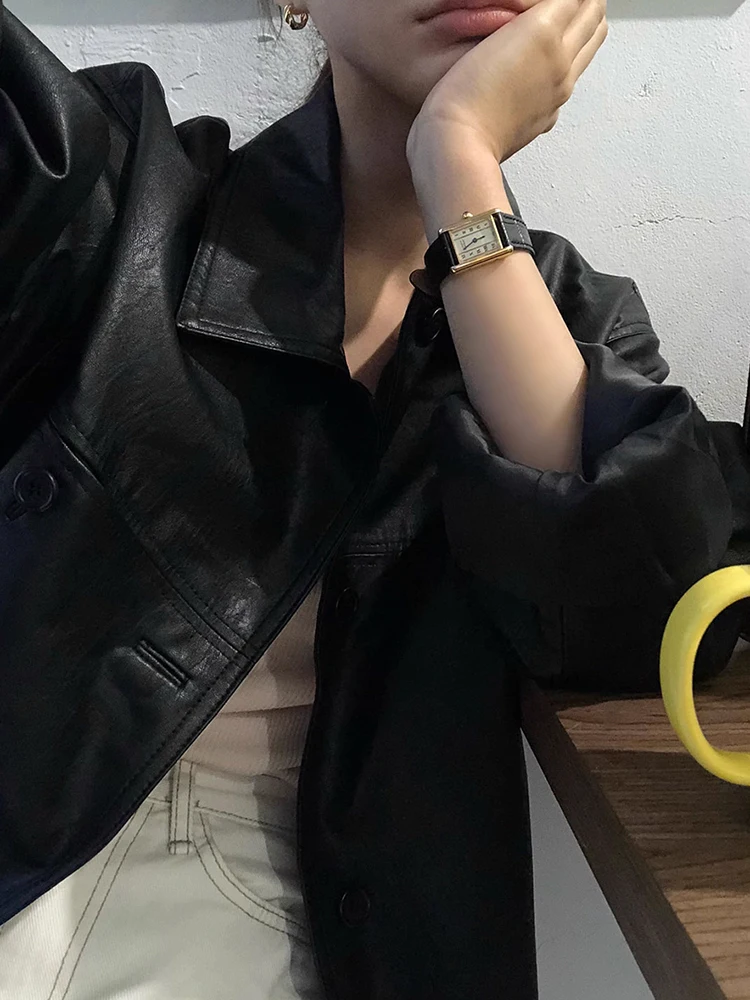 Chic Vintage Sle Double Row Button Loose PU Leather Jaet Motorcycle Clothes Outerwear for Women Autumn New Arrival