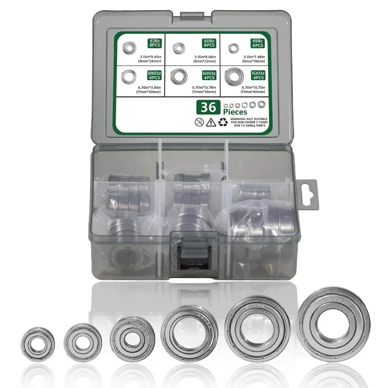 36PCS Ball Bearings Kit 698ZZ 608ZZ 628ZZ 6903ZZ 6003ZZ 6203ZZ Double Metal Shielded Deep Groove Bearings for Wheel Skateboards