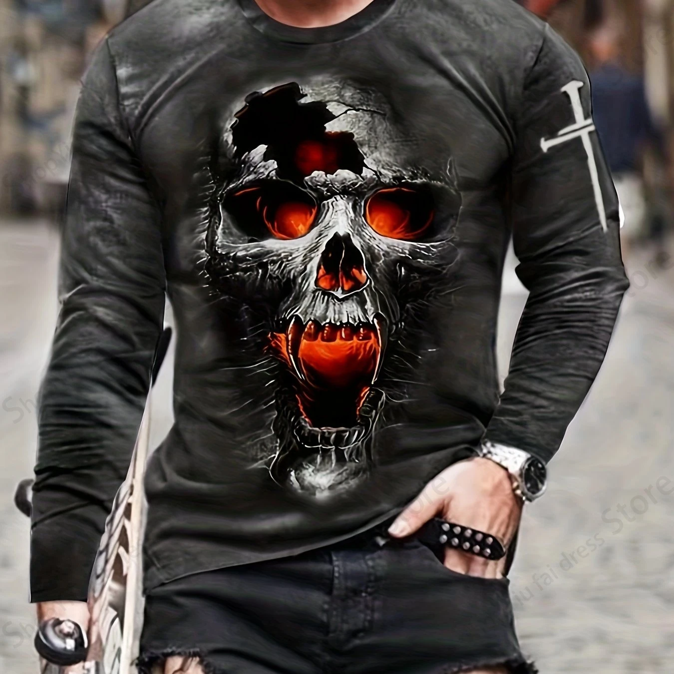 Halloween Men\'s Long Sleeve T-shirt 3d Skull Skeleton Print Graphic T Shirts Men Fashion Hip Hop Tops Tees Men\'s Clothing Horror