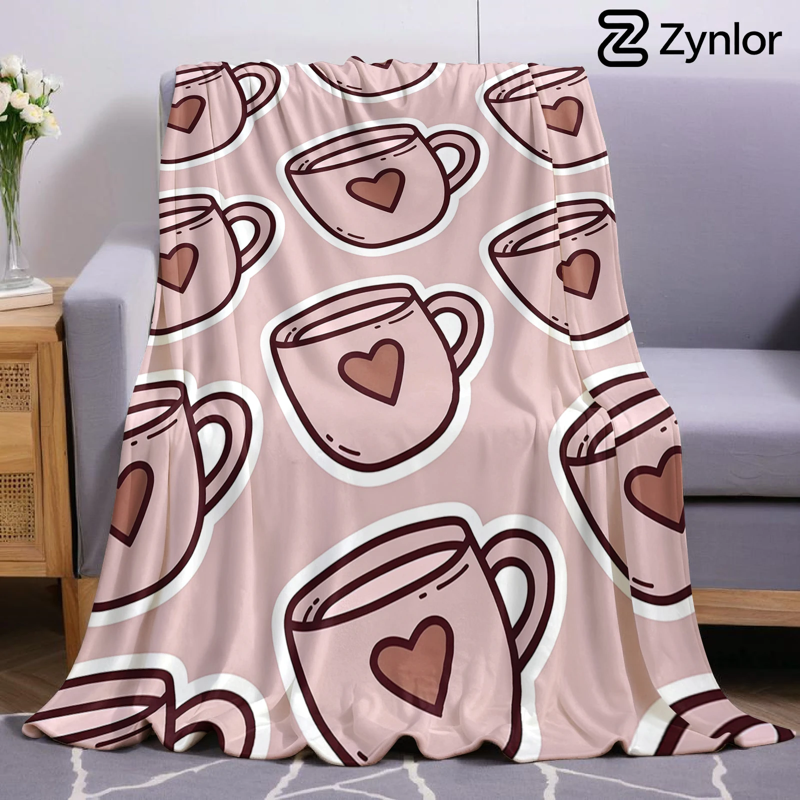 Cute Heart Mug Cartoon Anime Print Flannel Blanket Soft Warm Throw for Kids Bedroom Sofa Bed Christmas Office Car