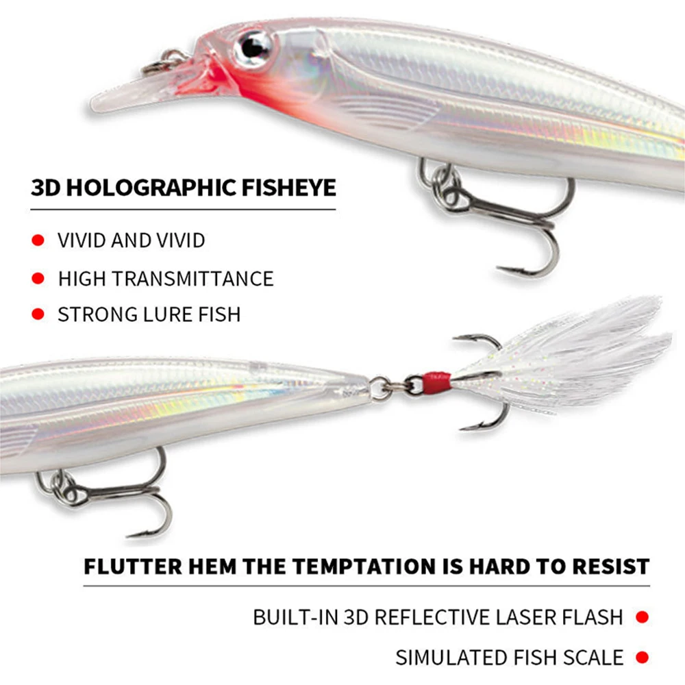 9.5cm 13g Fishing Lure Minnow Wobbler Floating Laser Artificial Hard Bait Feather Built-in Steel Ball Jerkbait Trout Bass Decoy