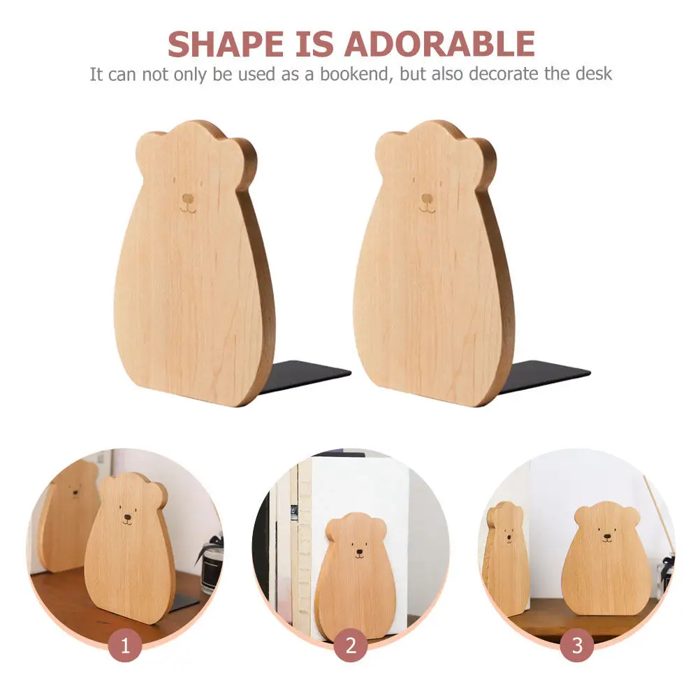 2Pcs Stylish Cartoon Bear Bookends Solid Wood Book Stopper for Home Office Bookshelf Desk Tidy Organization Modern Book