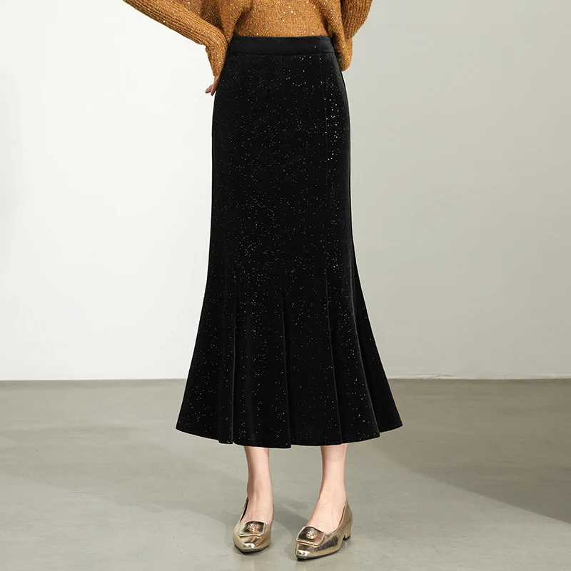

Shiny Sequin Velvet Fish Tail Skirt High Waist Slimming Long Half Body Skirt for Women Autumn Winter Fashion Elegant Style