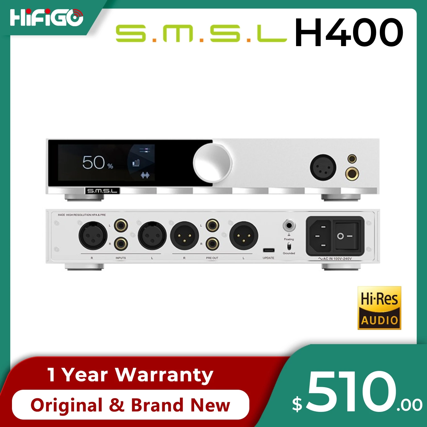 SMSL H400 Headphone Amplifier Full Balanced Hi-end Preamp 15W*2 6.35mm 4.4mm XLR RCA High Power Op-AMP 133dB With Remote Control