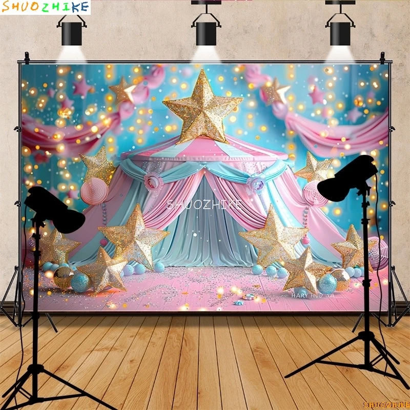 Circus Tent With Striped Canopy Popcorn Photography Backdrops Balloons Birthday Party Decor Animal Photo Studio Background SD-09