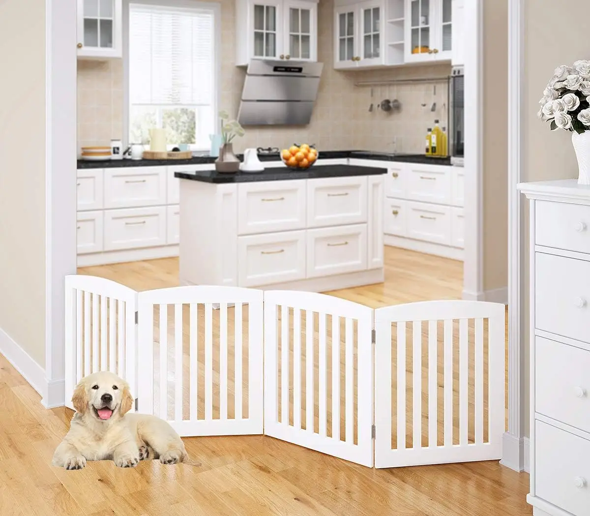 Wooden Freestanding Foldable Pet Gate for Dogs, 24 inch 4 Panels Step Over Fence, Dog Gate for The House, Doorway, Stairs,