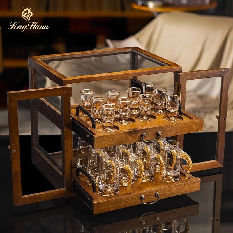 Household high-grade gold foil white wine glass wine dispenser set small wine method solid wood glass storage wooden box gift.