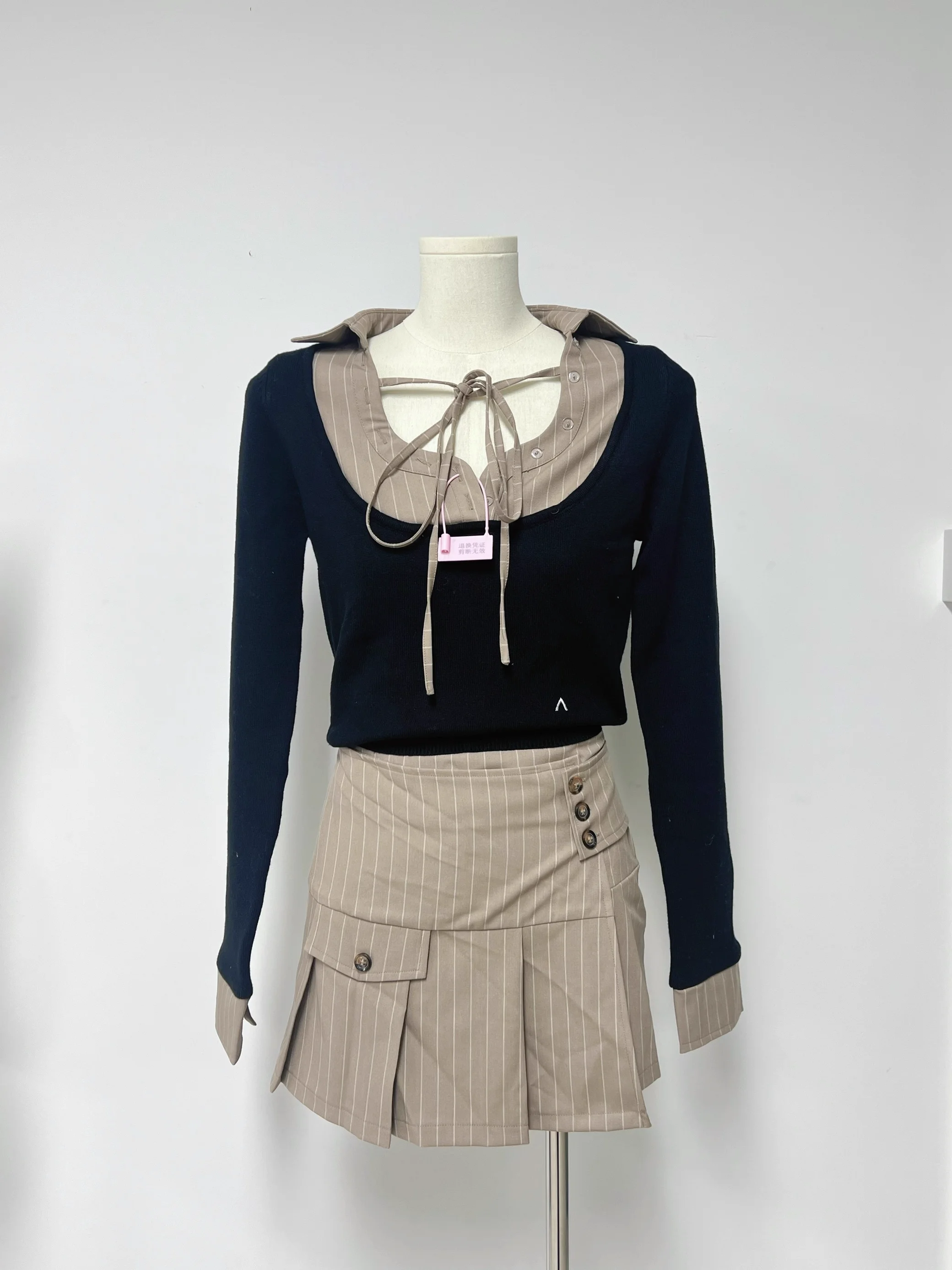 

Japanese Sle Autumn Winter Striped f Skirt ort Skirt Set with Tie Long Sve Turn-down Collar Top Women's Hanfu