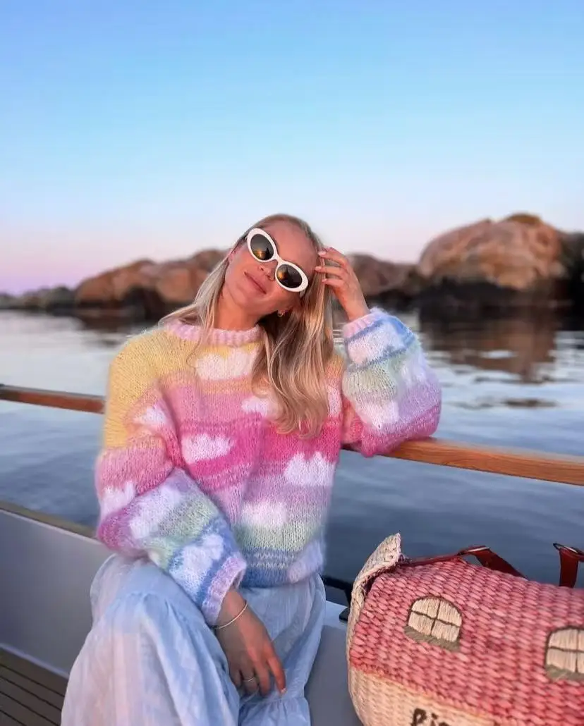 New round neck rainbow cloud wool mohair sweater fashionable dopamine color pullover sweater cute good mood women's sweater top