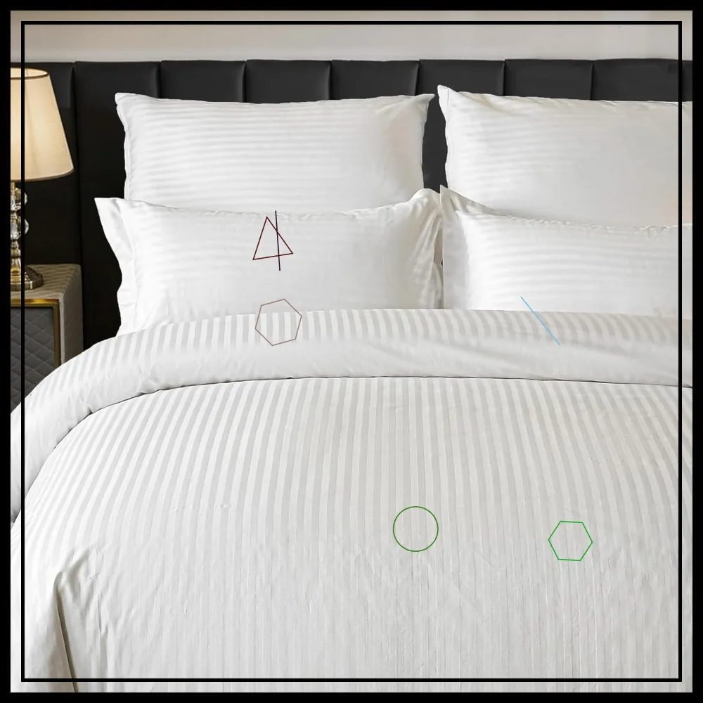 

100% Cotton Queen Duvet Cover Set White Pin Striped Satin Comforter with Zipper 3 Pcs Bedding