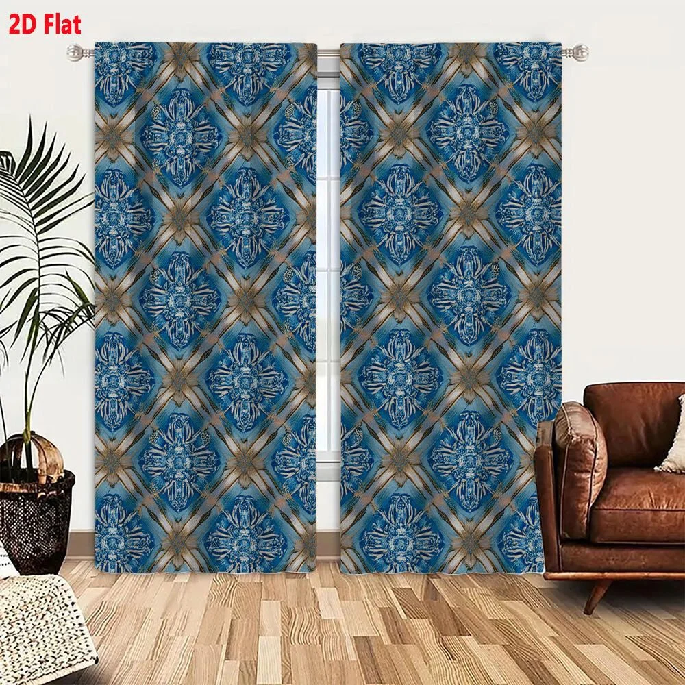 2Pcs Curtains 2D Flat Seamless Symmetrical Blue And White Floral Tile Pattern With Distressed Texture And Vintage Aesthetic Wind