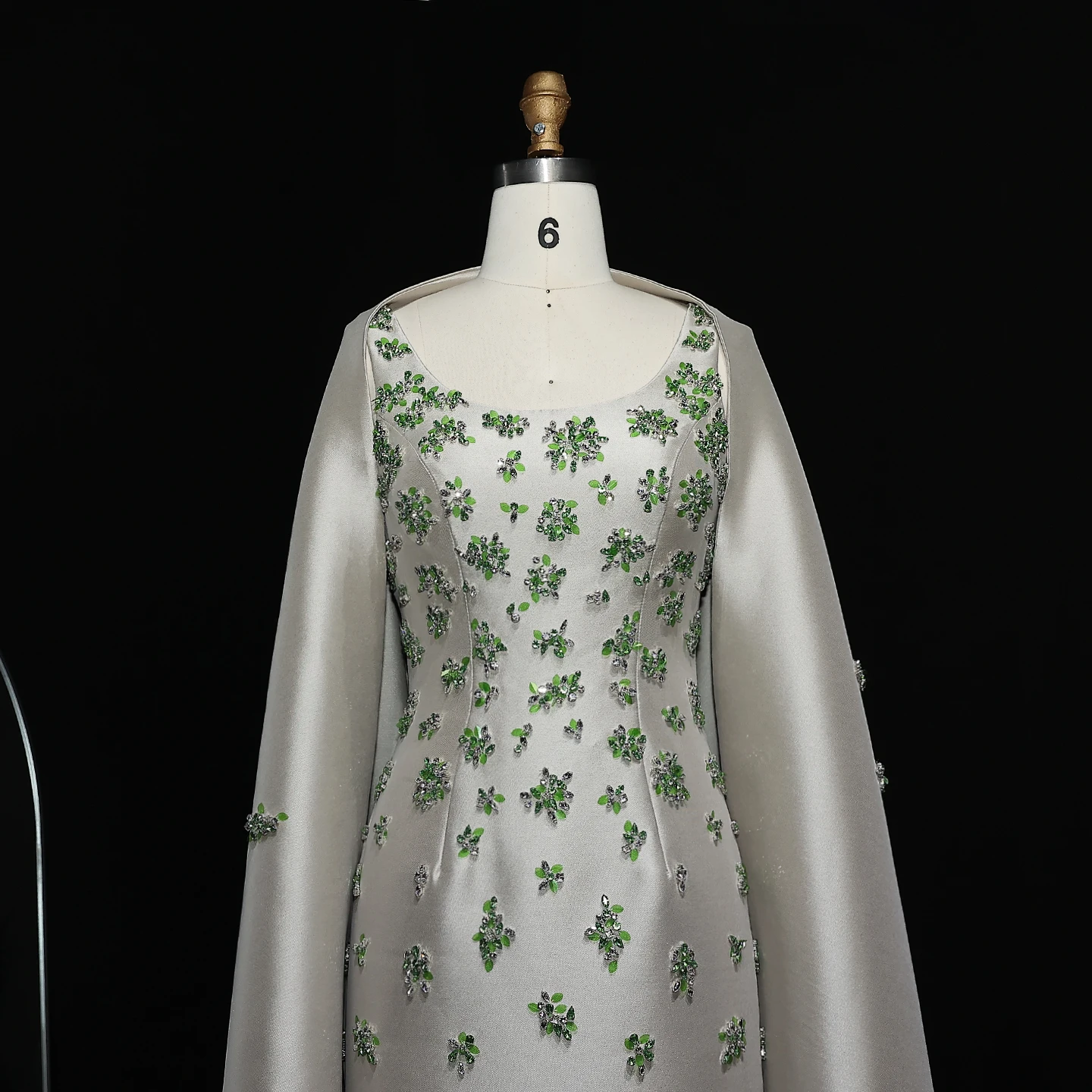 Sharon Said Chic Sage Green Satin 3D Floral Beaded Arabic Evening Dress with Cape for Dubai Women Wedding Party SS536 Customized image 3