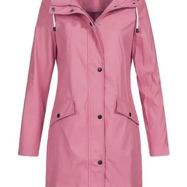 Women Casual Solid Color Long Coat Waterproof Zipper Rain Jacket Solid Color Outdoor Mountaineering Hooded Windproof Windbreaker
